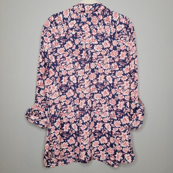 Talbots shirt womens size XL navy blue red floral button up top roll tab sleeves - Picture 5 of 12